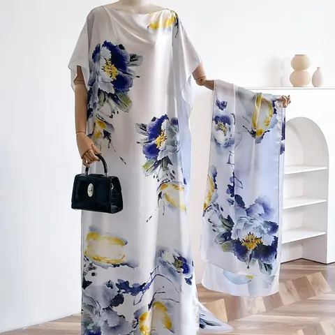 Women's Floral Print Dress & Scarf Set, Casual Elegant Set for Beach Vacation, Ladies Clothes Accessories