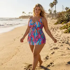 Women's Plus Size Skirted Tummy Control Tankini Set - Retro Swirl, Flowy Swim Dress for Beach, Pool Vacations swimsuit women,summervibes