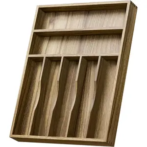 Silverware Drawer Organizer,Acacia Wood Kitchen Utensil Cutlery Drawer Organizer with Grooved Dividers, Flatware Organizer Silverware Tray Holder for Spoon, Fork, 13''x16.9'' (7 Slots)