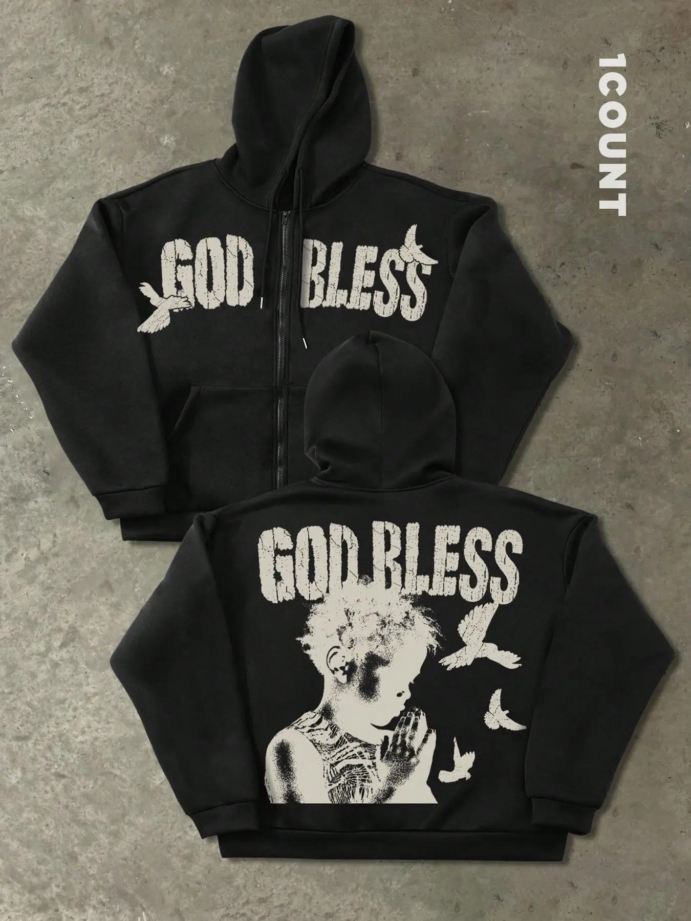Unisex Hooded Knit Fitted Sweatshirt with Zipper Front, Child Praying Print Design, Street Fashion Trend, Casual Fall & Winter Wear
