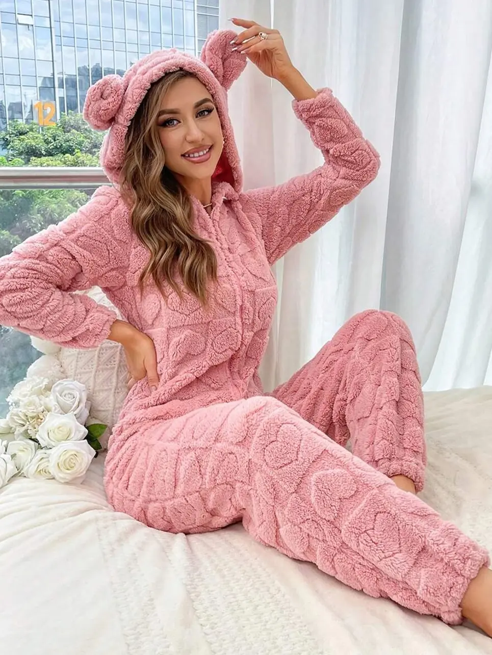 Pink Flannel Sleep Jumpsuit with 3D Ear Design Hooded Zipper Front and Pockets