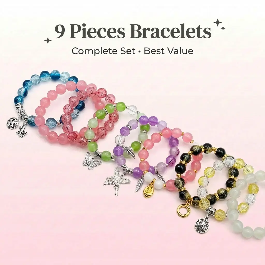 Glass Bead Bracelets Set of 9 - 3 Styles Collection (Y2K/Layering/Classic), Colorful Stackable Friendship Bracelets for Women Girls, Perfect Gift for Birthday Party, Eco-Friendly Biodegradable Jewelry, Daily