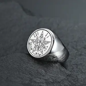 Jewish Tetragrammaton Hebrew Pentagram Rings Stainless Steel Pentacle Ring for Men Witchcraft Power Protection Amulet Jewely