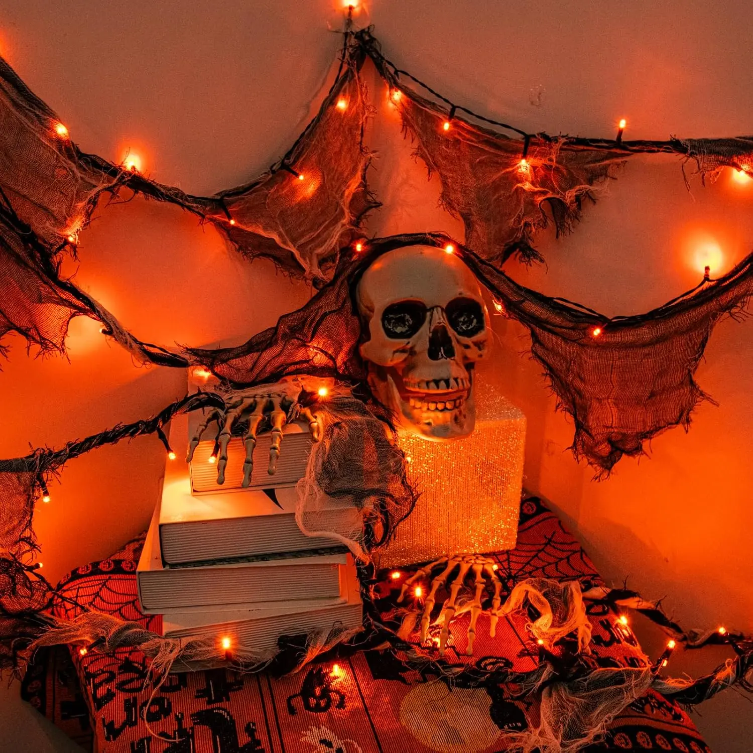 Orange Lights for Halloween Lights String Garland Black Cloth with Timer 8 Modes Battery Operated/USB Powered Indoor Outdoor 9.9FT 30LED Black Gauze Hanging Halloween Decorations, Orange