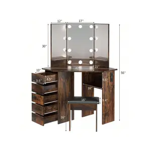 High Quality  VOWNER Corner Makeup Outlet Vanity Desk Mirror Lights 3 Color Brighess Adjustable With 5 Sliding Drawers And Stool For Girls Women Room Organizer Storage