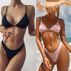 2026 Women's Ribbed Bikini Set - 3-Piece Solid Color Sexy Swimwear in Black & Pink Options for Beachwear