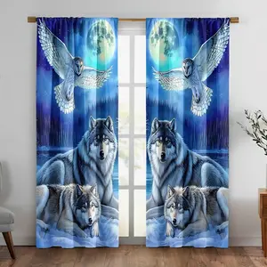 2pcs Insulated Blackout Curtains for Bedroom, Owl Wolf Moon Print, Cartoon Animal Drapes, Polyester, Home Decor Gift