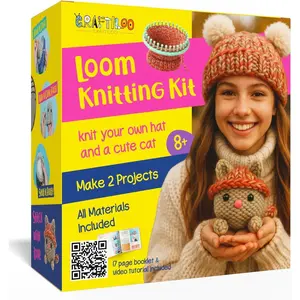Knitting Kit for Kids – Beginner Knitting Kit to Make a Hat & Cat – Quick Knit Loom Kit with Yarn, Tools & Instructions