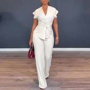 CHICME Women's 2 Pieces Outfit V-Neck Short Sleeve Twist Front Zipper Back Top and Elastic Back Waist Straight Leg Pants Set Casual Commuting Set
