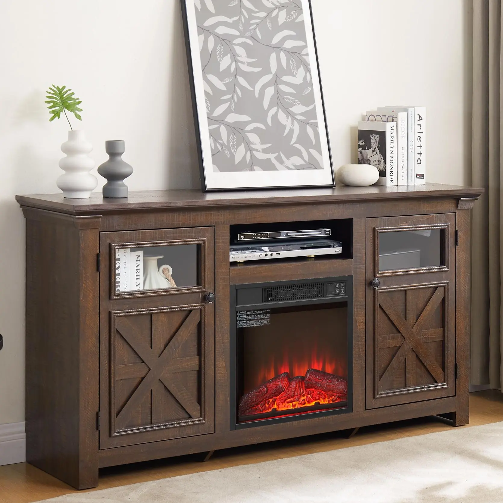 60" Farmhouse Fireplace TV Stand for 70 Inch TVs, Entertainment Center With 18" Electric Fireplace, Rustic With Glass Barn Doors for Living Room