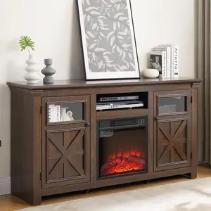 60" Farmhouse Fireplace TV Stand for 70 Inch TVs, Entertainment Center With 18" Electric Fireplace, Rustic With Glass Barn Doors for Living Room