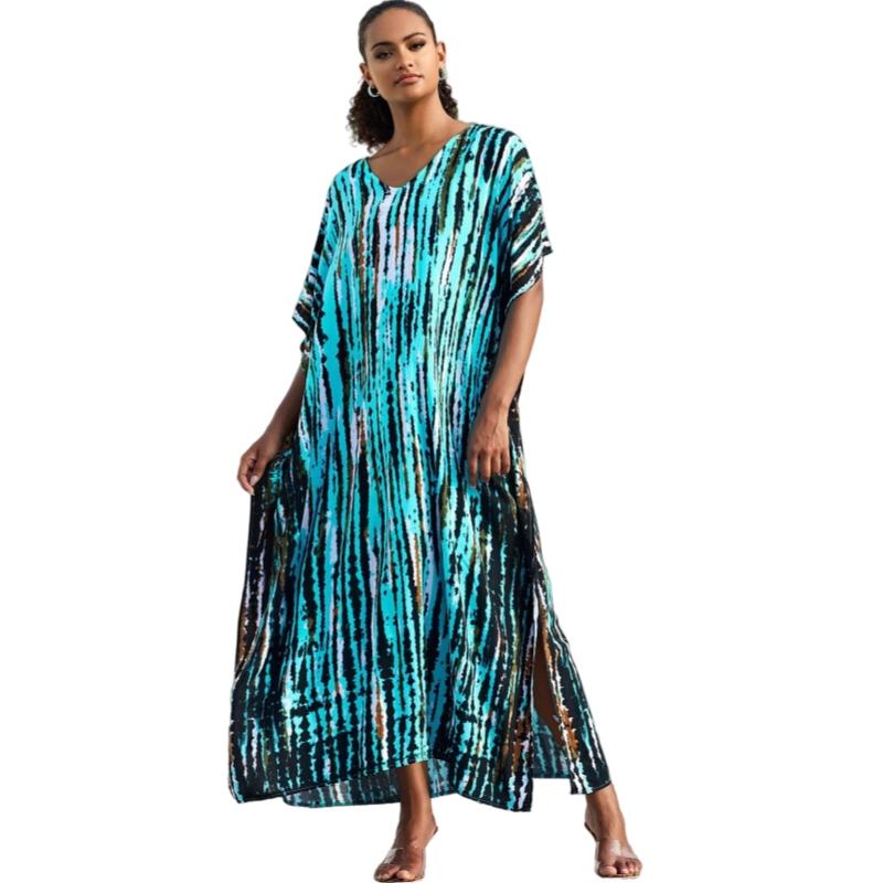 Women's Plus Size Soft Viscose Ethnic All Over Print Kaftan Dress - Lightweight, Loose, Slimming, Elegant Style, Boho Batwing Sleeves, Ankle Length, Breathable Opaque Fabric, Side Slit, Machine Washable, Casual Cover Up, Suitable For Beach & Brunch