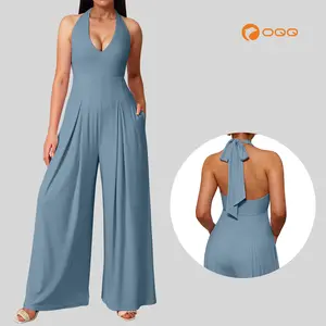 OQQ Women's Ribbed Backless One-Piece Jumpsuits - Wide Leg Sleeveless Deep V-Neck Casual Fashion Sporty Aesthetic Chic Everyday Outfit