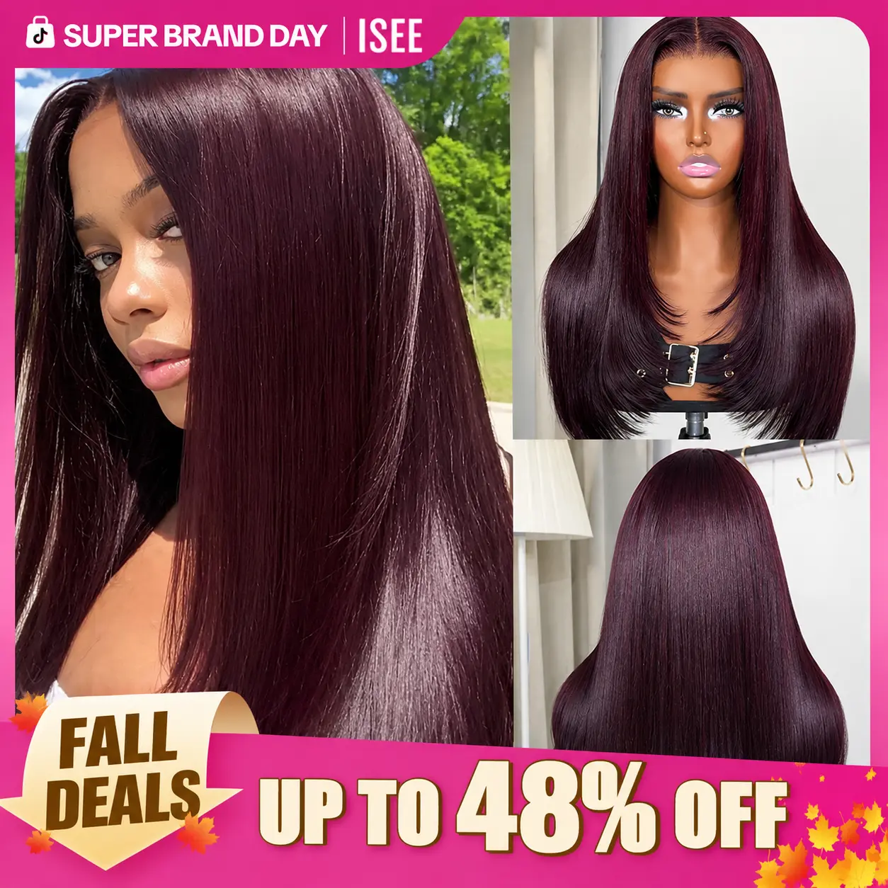 【Fall Edit】ISEE HAIR Blackcherry Dark 99J Layered Cut Straight 7x5 Lace Wear Go Wig Blackcurrant Brunette Pre Cut Lace Pre Plucked Hairline 180% Density Glueless Colored Wig Human Hair Beginner Friendly Quick Install  #tiktokshopstockup #SuperBrandDay