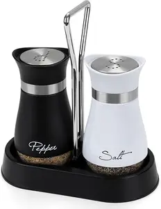 Salt and Pepper Shakers Set with Holder, Stainless Steel 4oz Salt Pepper Shaker Containers with Glass Bottom for Kitchen Cooking, BBQ, Bar, Table, RV, Camp