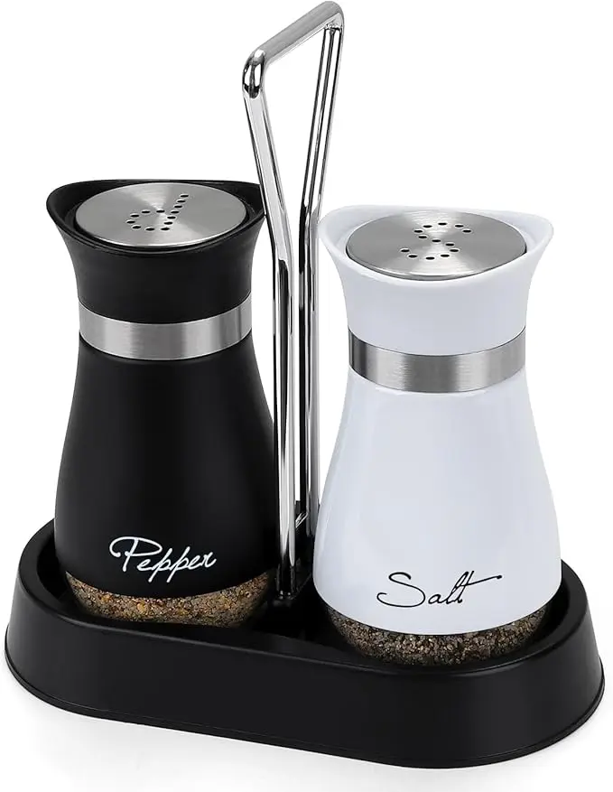 Salt and Pepper Shakers Set with Holder, Stainless Steel 4oz Salt Pepper Shaker Containers with Glass Bottom for Kitchen Cooking, BBQ, Bar, Table, RV, Camp