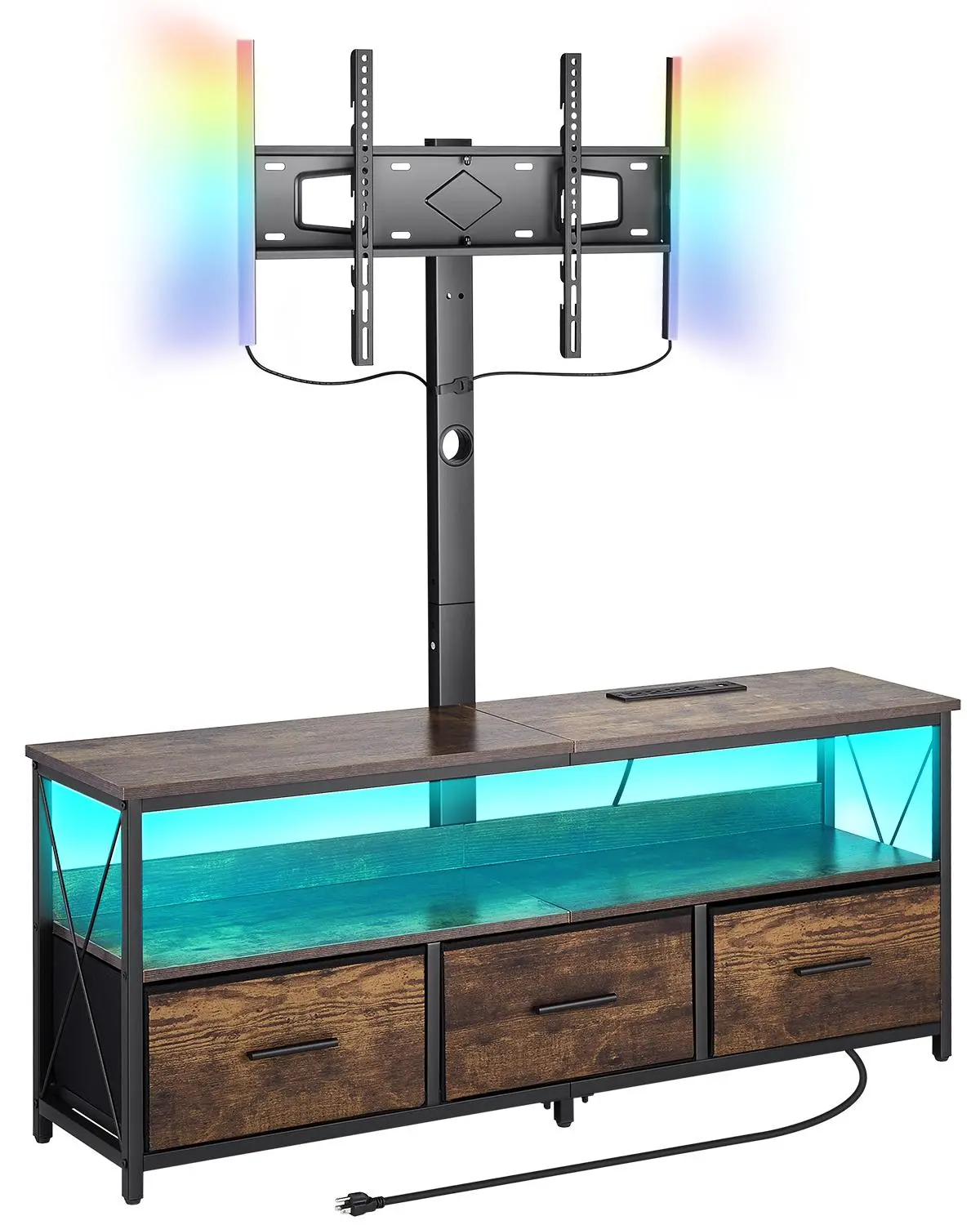 VEVOR 52" TV Stand with Wall Mount (Up to 75 in TVs, 34° Tilt View), Sturdy Base Entertainment Center with LED Lighting, Power Outlet, Height-Adjustable Console & 3 Drawers, Easy Setup for Living Room, Bedroom, Brown#BackToSchool