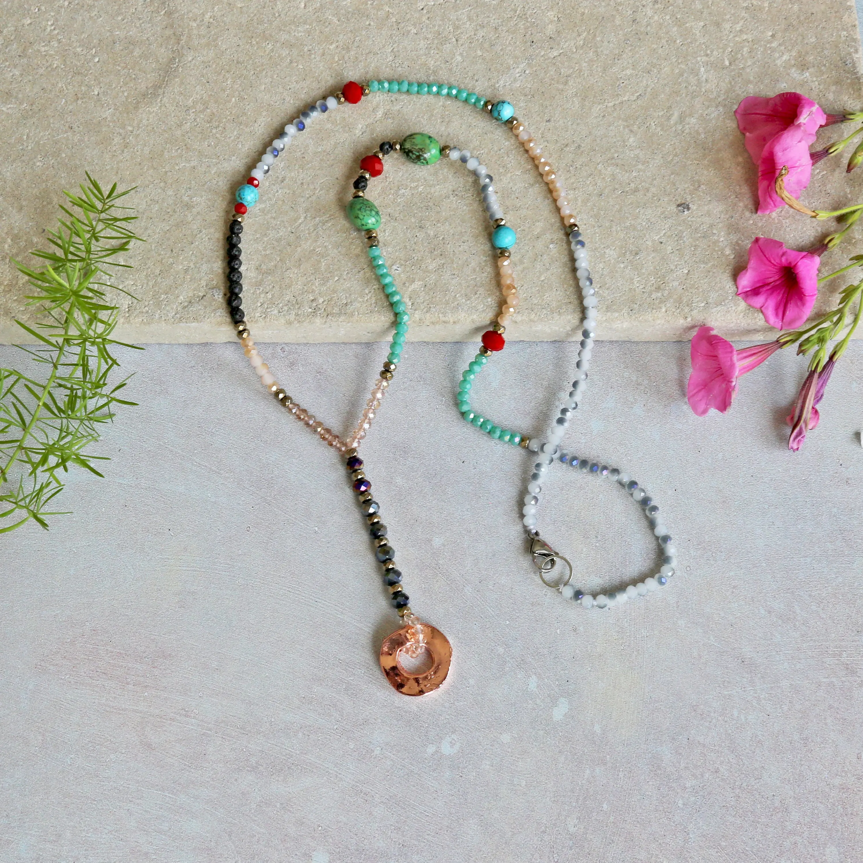 Donut Pendant Y Necklace. Multi-Color Bohemian  Necklace.Multi Gemstone  Necklace. Long Necklace. Gift For Her.Colorful Long Necklace