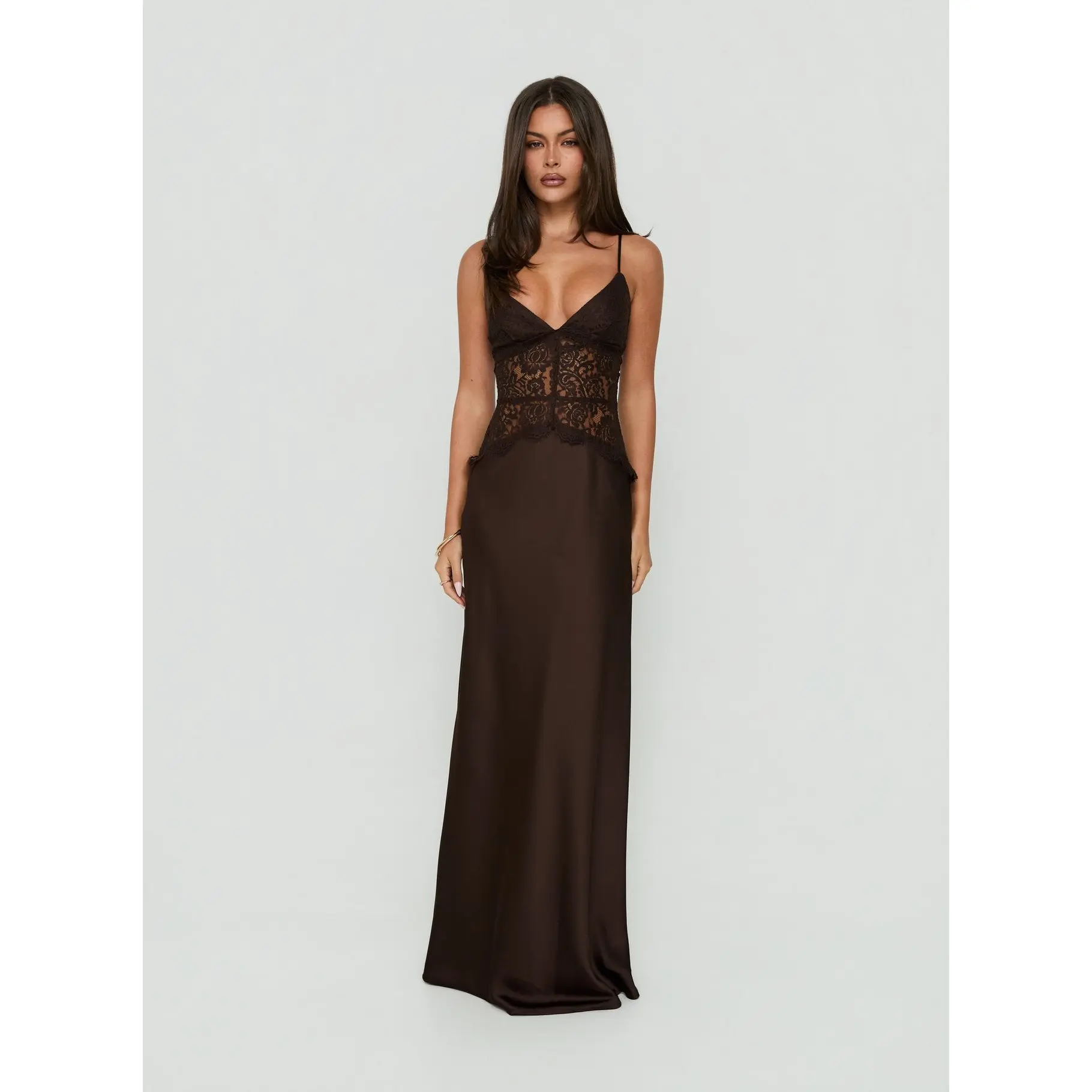 Kylenn Lace Panel Satin Maxi Dress Chocolate