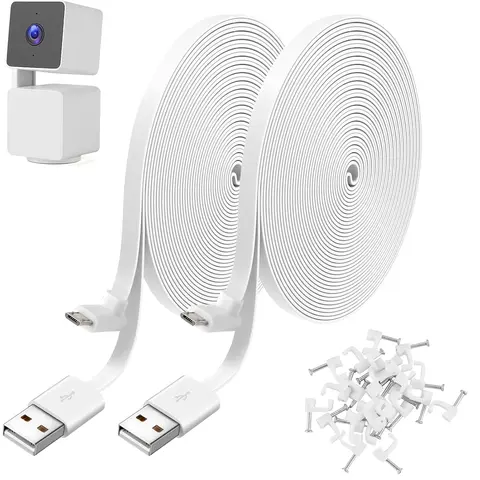 2 Pack 25FT Power Extension Cable Compatible with WYZE Cam Pan V3, USB to 90 Degree Micro USB Extension Charging Cable for WYZE Cam Pan V3,L-Shaped Flat Power Cord (White)