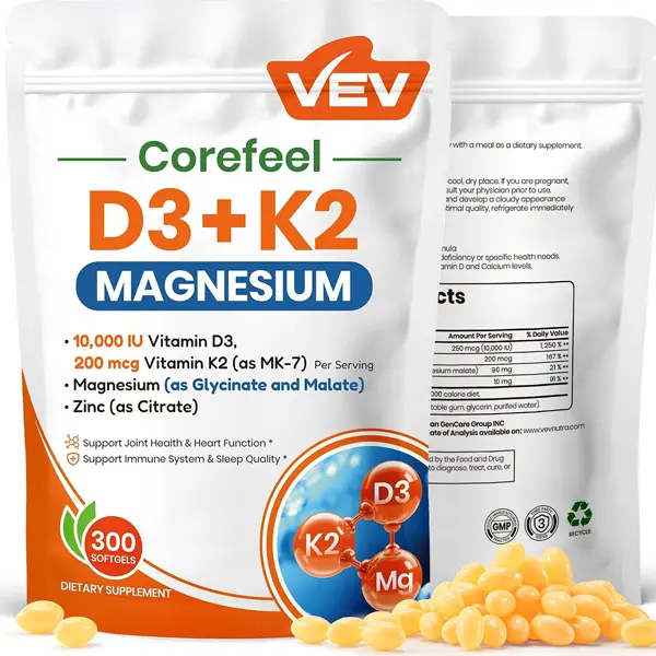 VEV Corefeel Vitamin D3 K2 10,000 IU Magnesium Supplement, 300 Softgels | Vitamin K2 as MK-7, Coconut Oil, Magnesium Glycinate & Malate, Zinc Citrate