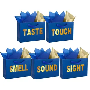5 Senses  Bags for Him Her Five Senses  Bags with Handles Tissue Paper  Wrappings for Valentine Wedding Anniversary Birthday Graduation Mothers Day(Navy Blue, 12.6''x8.8''x4'')