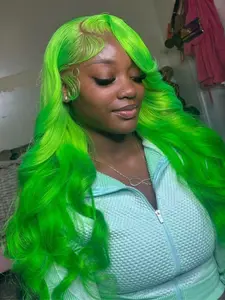 Neon Green Body Wave Wigs 13x4 Lace Front Wigs Pre-Plucked Hairline Synthetic Wig Valentine Look Body Wave Wig Valentine's Day Date Night Lace Front Wigs for Women Party Cosplay Stage Valentine's Day Present Gift 28 Inch Wave Texture