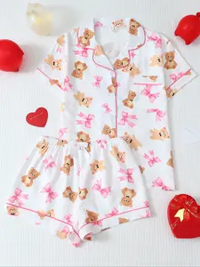 Women's Valentine's Day Pajama Set, Cute Bear Print Sweet Lapel Short Sleeve Top & Bow Shorts, Casual Homewear, Loungewear, Fitted Style