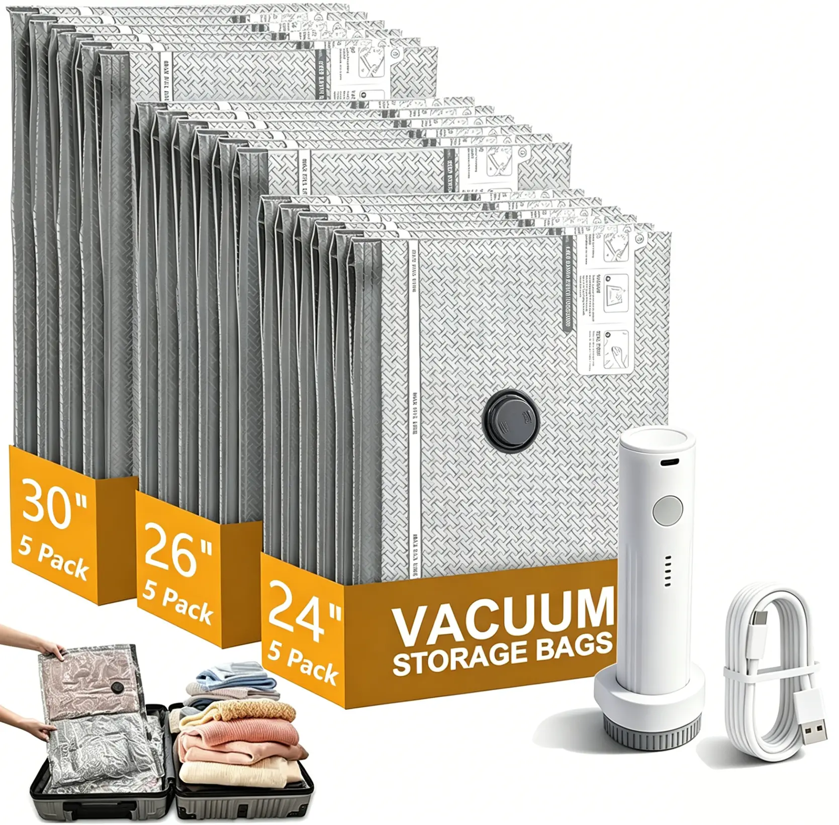 [Summer Vibes]Cordless Travel Vacuum Bag Set with USB Rechargeable Electric Pump, 9/15-Pack, Space-Saving Compression Bags, Durable Portable Clothes Storage Organizer,Travel Packing Pouch for Clothing & Outdoor Camping Travel & Homea