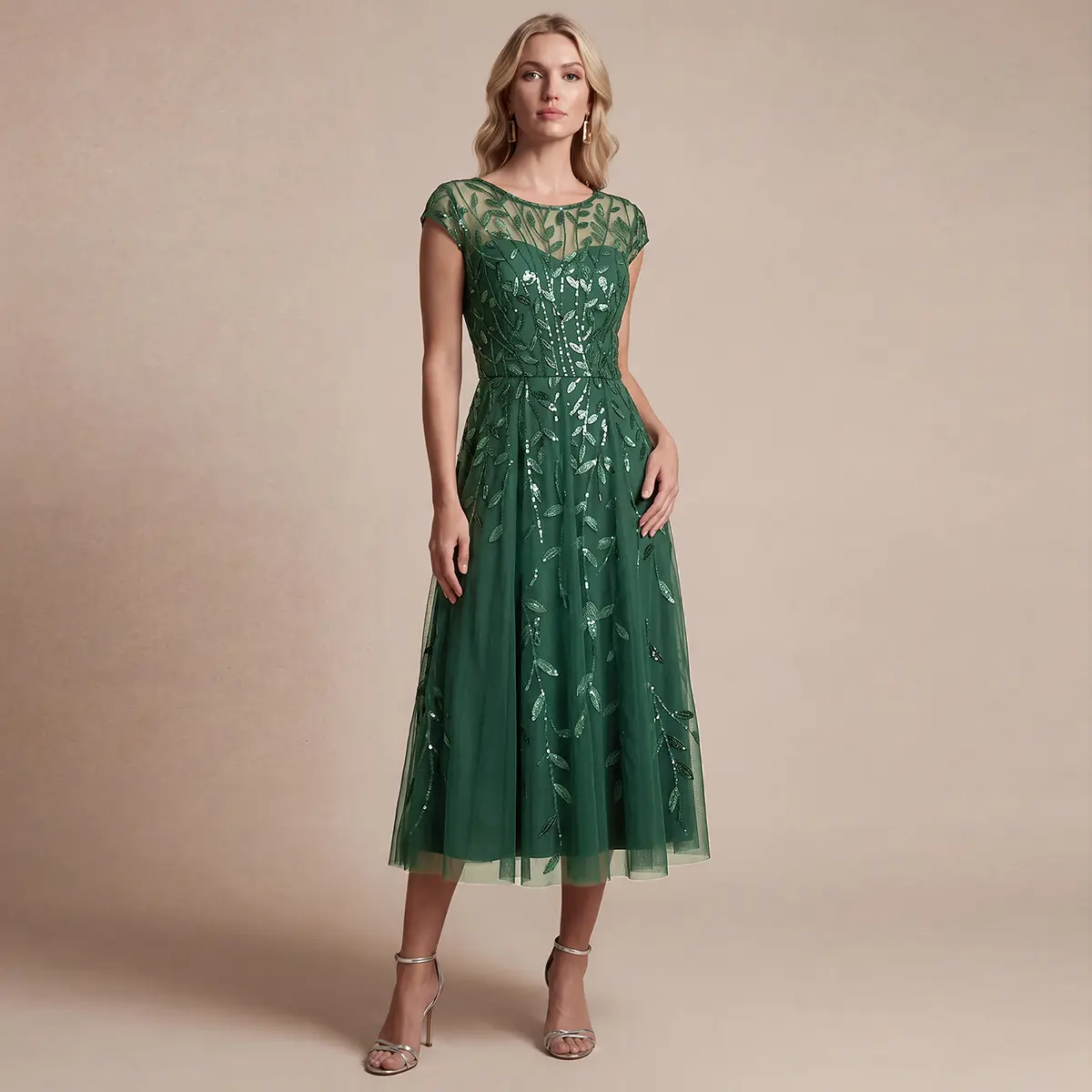 EVER PRETTY Women's Chic Sequin Bridesmaid Dress - Tea-Length Formal Cocktail Gown with Scoop Neck, Cap Sleeves, Glitter, Shortsleeve, Elegant Formal Wear, Bridesmaid Gifts  EG02778