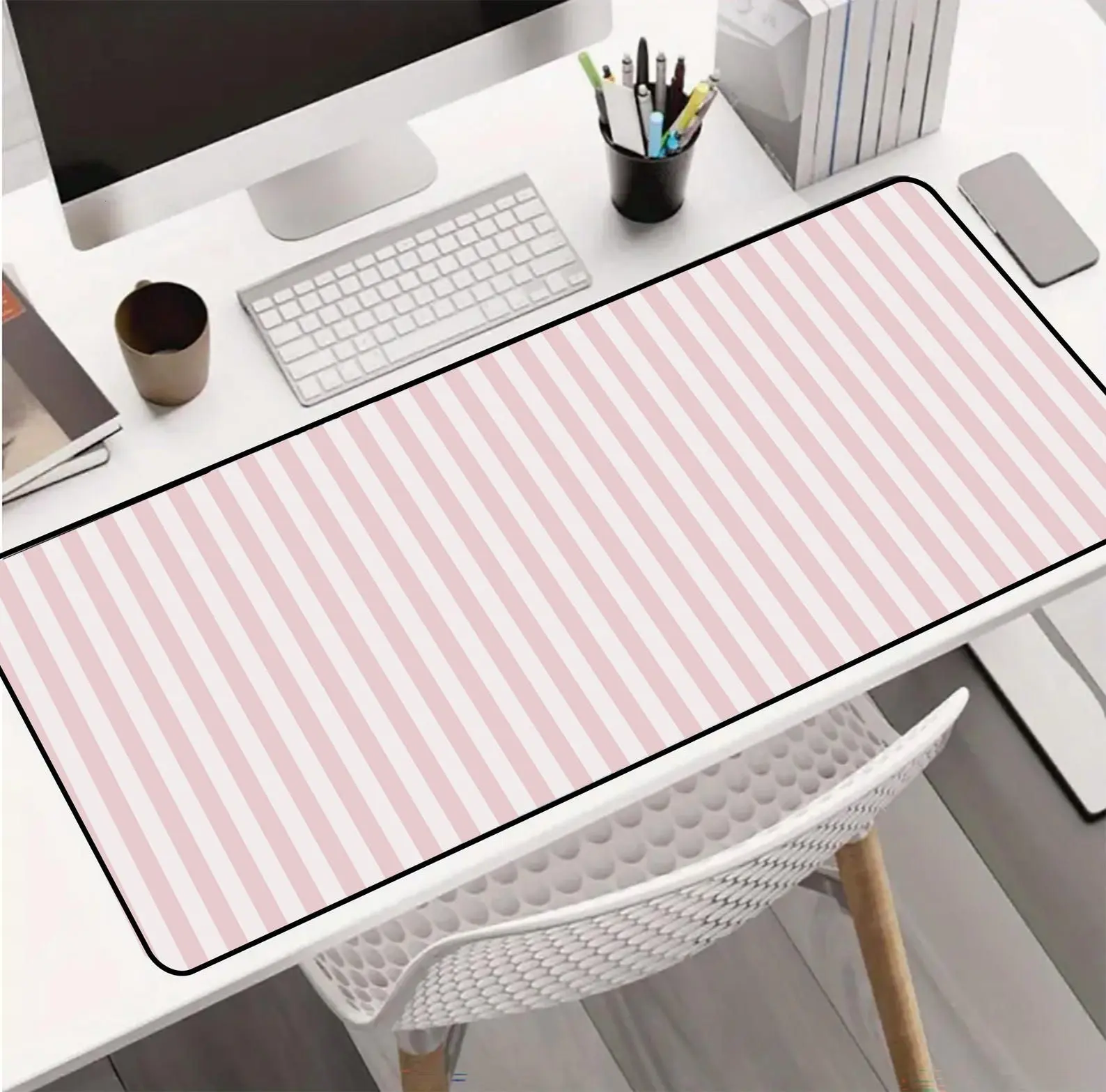 Pink Striped Desk Mat Cute Pastel Mouse Pad Kawaii Aesthetic Extended Mat for Home Office Decor & Cozy Gaming Setup Keyboard Pad