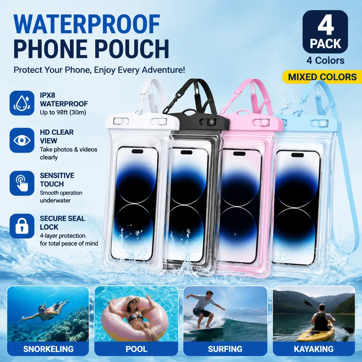 4‑Pack Waterproof Phone Pouch – Summer Beach & Pool Phone Dry Bag for Swimming, Kayaking & Outdoor Fun