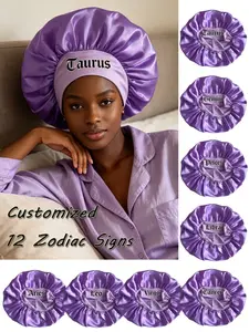 1PC Women's Zodiac Letter Pattern Satin Sleep Bonnet , Soft Elastic Turban Hat, Breathable Hair Protection, Loose-Fit Nightwear Accessory, Curly Style, Frizz