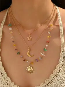 Bohemian Multi-Layer Beaded Necklace Set, Star Moon Sun Pendants, Elegant Boho Style, Perfect for Daily Wear, Gifts for Women, Dangling Charms Necklace
