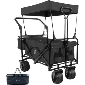 Heavy Duty Collapsible Folding Utility Wagon with Removable Canopy All Terrain Wheels Portable Cart for Outdoor Camping Beach Garden Shopping