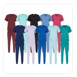 Unisex Stretch Jogger Scrubs Set Solid V-Neck  Nursing Uniform Quick Dry Breathable