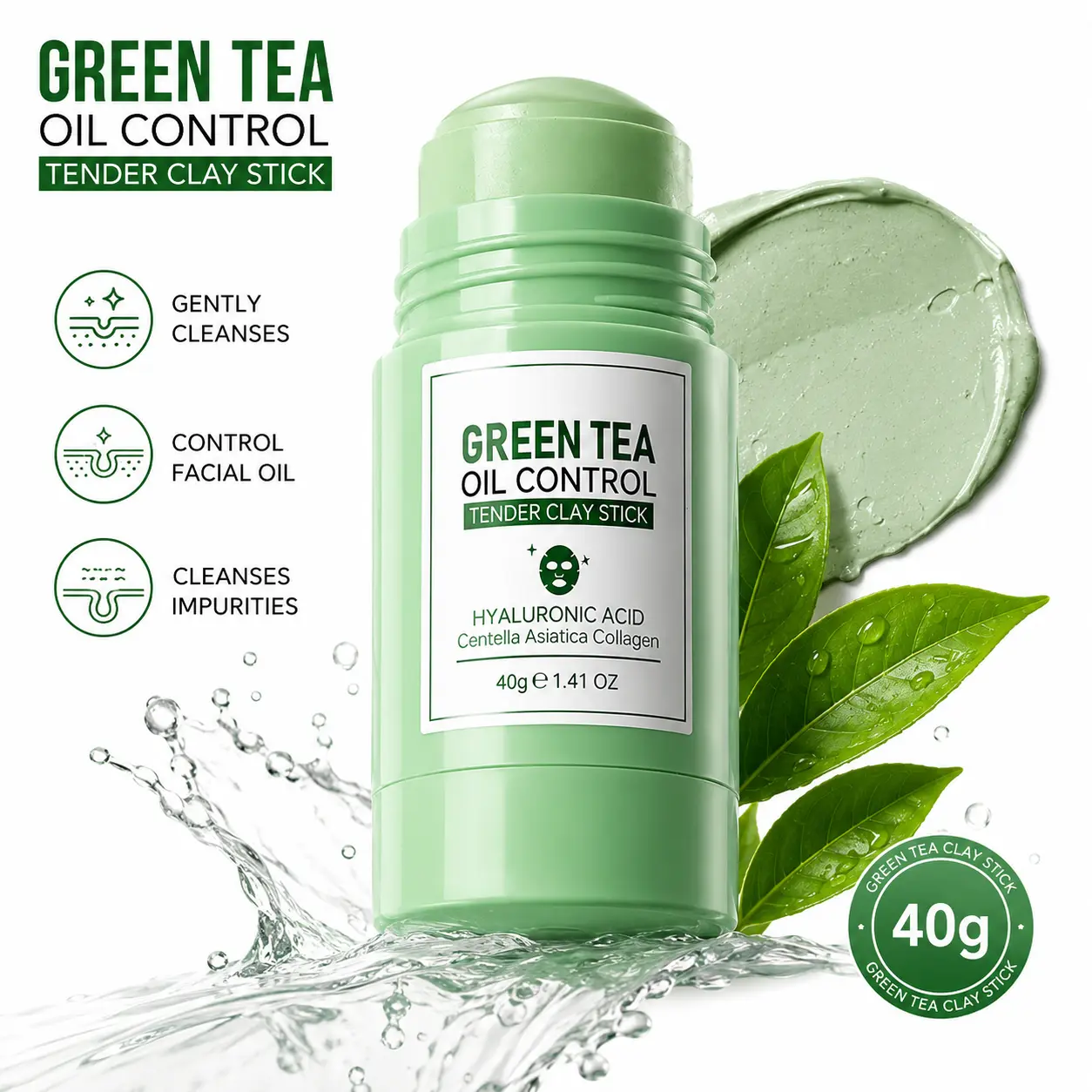 Green Tea Clay Mask Stick, Oil Control Face Mask Stick with Hyaluronic Acid, Smooth Clay Facial Mask for Oily & Combination Skin, Easy Twist-Up Stick