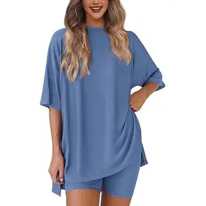 Crewneck Two-Piece Set for Women, Summer Casual Oversized Split Hem Shirts & Side Pocket Biker Shorts, Minimalist Loungewear, Soft Viscose Fabric, Comfy Homewear & Cozy Pajamas