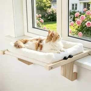 Cat Threshold Window Perch  ,Sturdy Cat Hammock Window Seat with Wooden ,Suitable for Large Cats, Easy To Adjust Cat Bed on Windowsill Pad