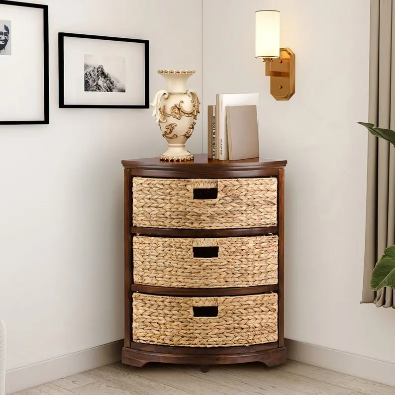 3 Tier X-Side Corner Table Storage Cabinet with 3 Natural Water Hyacinth Wicker Baskets