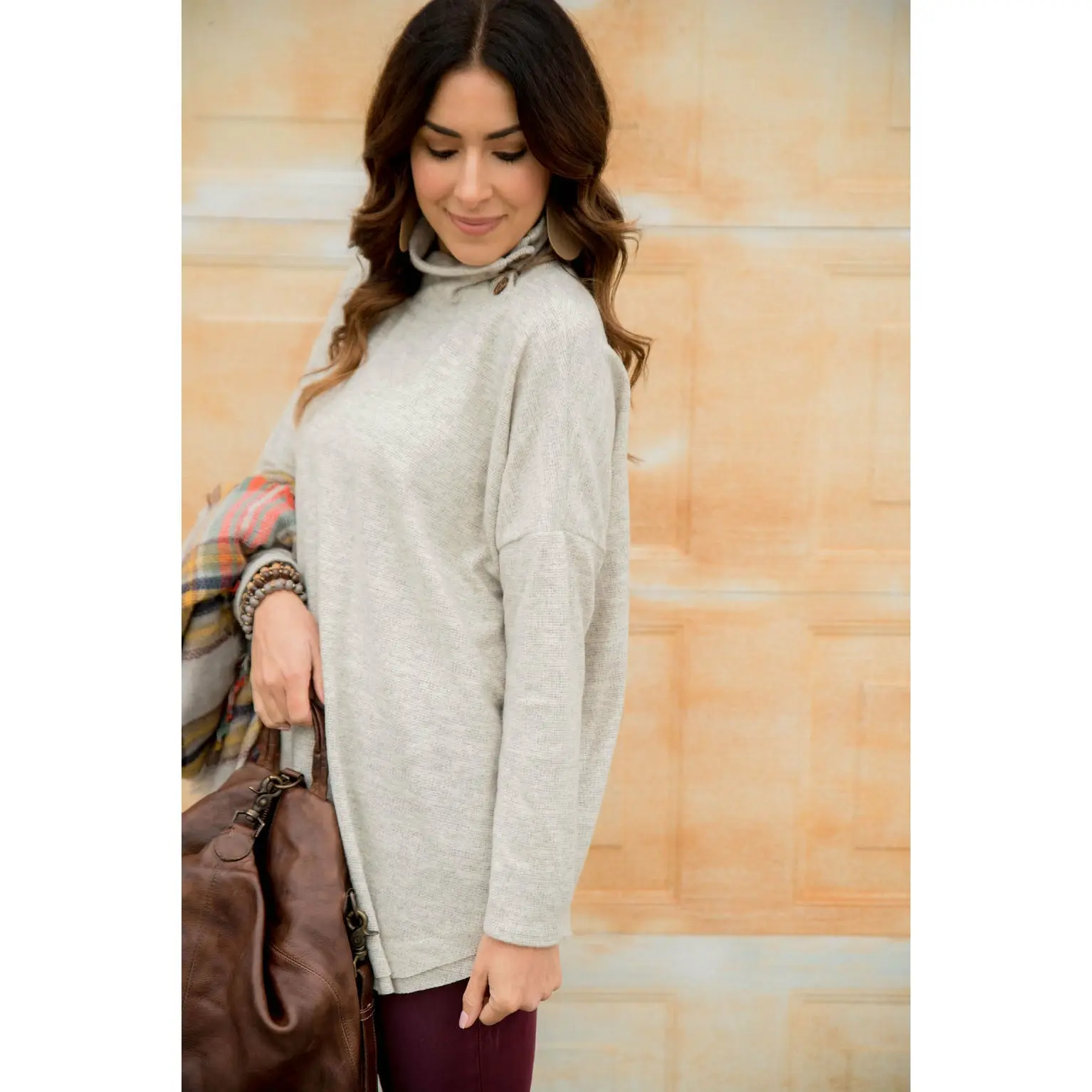 Side Button Knit Cowl Neck