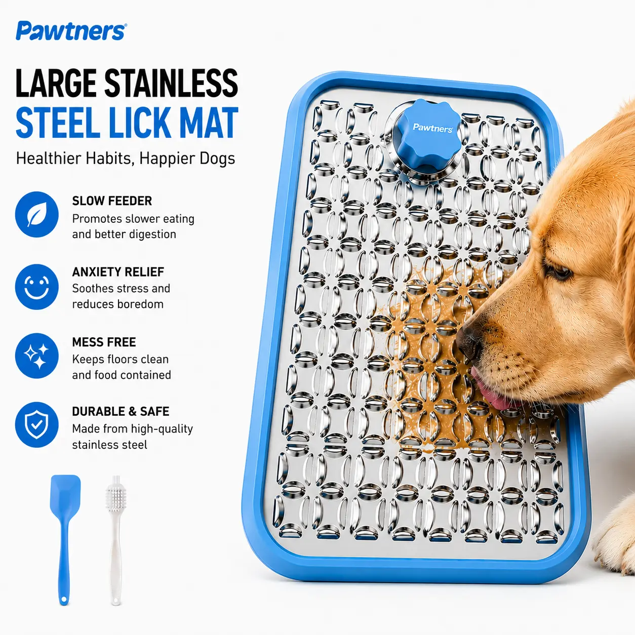 Pawtners Premium Stainless Steel Dog Lick Mat - Large Anti-Slip Slow Feeder Tray with Textured Surface, No-Mess Treat Dispenser for Peanut Butter/Yogurt/Frozen Snacks, Dishwasher-Safe, Stress-Reducing, Non-Smart Device with Cleaning Accessories, Reduces S
