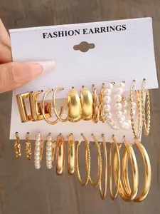 12 Pairs Faux Pearl Decorated Hoop Earrings, Elegant Geometric & Twist Design Earrings for Girls Gift, Female Classic Fashion Accessories for Daily Wear, Fashionable Jewelry Earrings Set