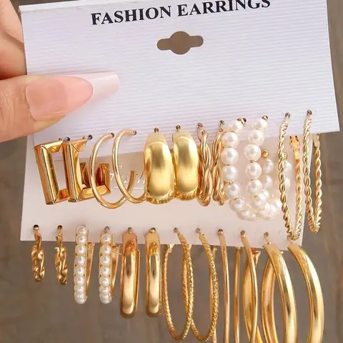 12 Pairs Faux Pearl Decorated Hoop Earrings, Elegant Geometric & Twist Design Earrings for Girls Gift, Female Classic Fashion Accessories for Daily Wear, Fashionable Jewelry Earrings Set, Hoop Earring Sets