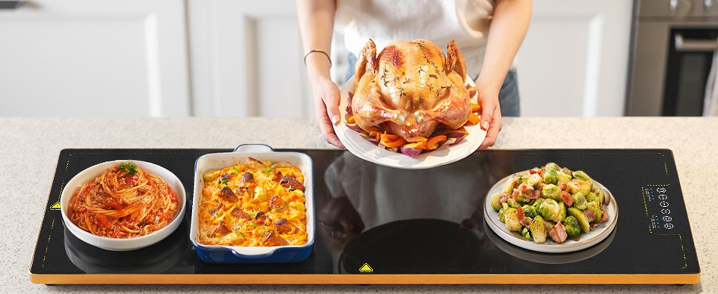 40x14 In Black Glass Electric Warming Tray - 110v-120v, Adjustable Temp (100°F-260°F), Instant Heat, Warms Food, Extra Large Hot Plate for Buffets, Home Hosting, Events
