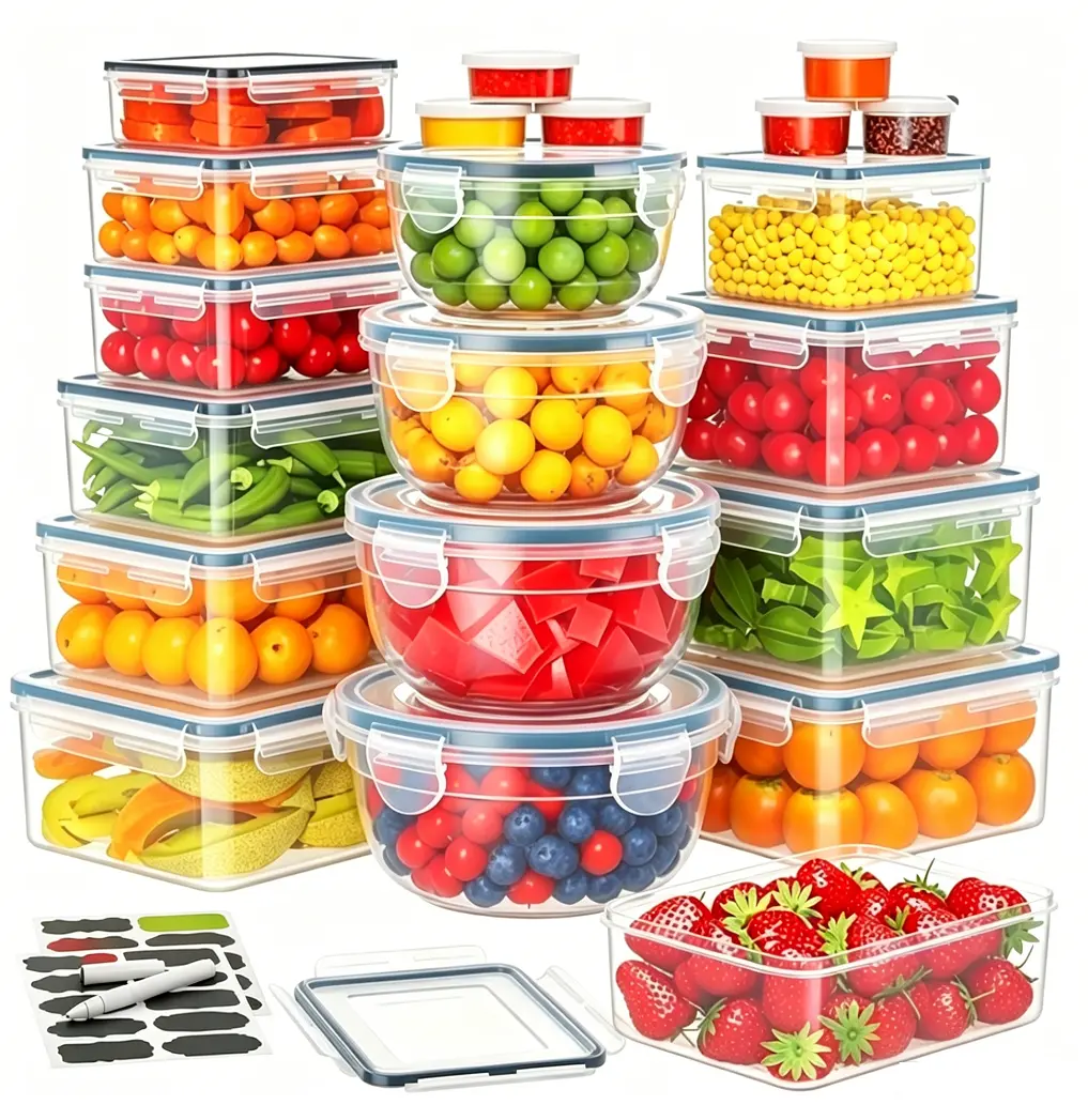 21 Pack Food Storage Containers Airtight (21 Containers+Lids),Leakproof Meal Prep Containers with Labels,Marker,Stackable,Reusable,BPA Free Set Utensils