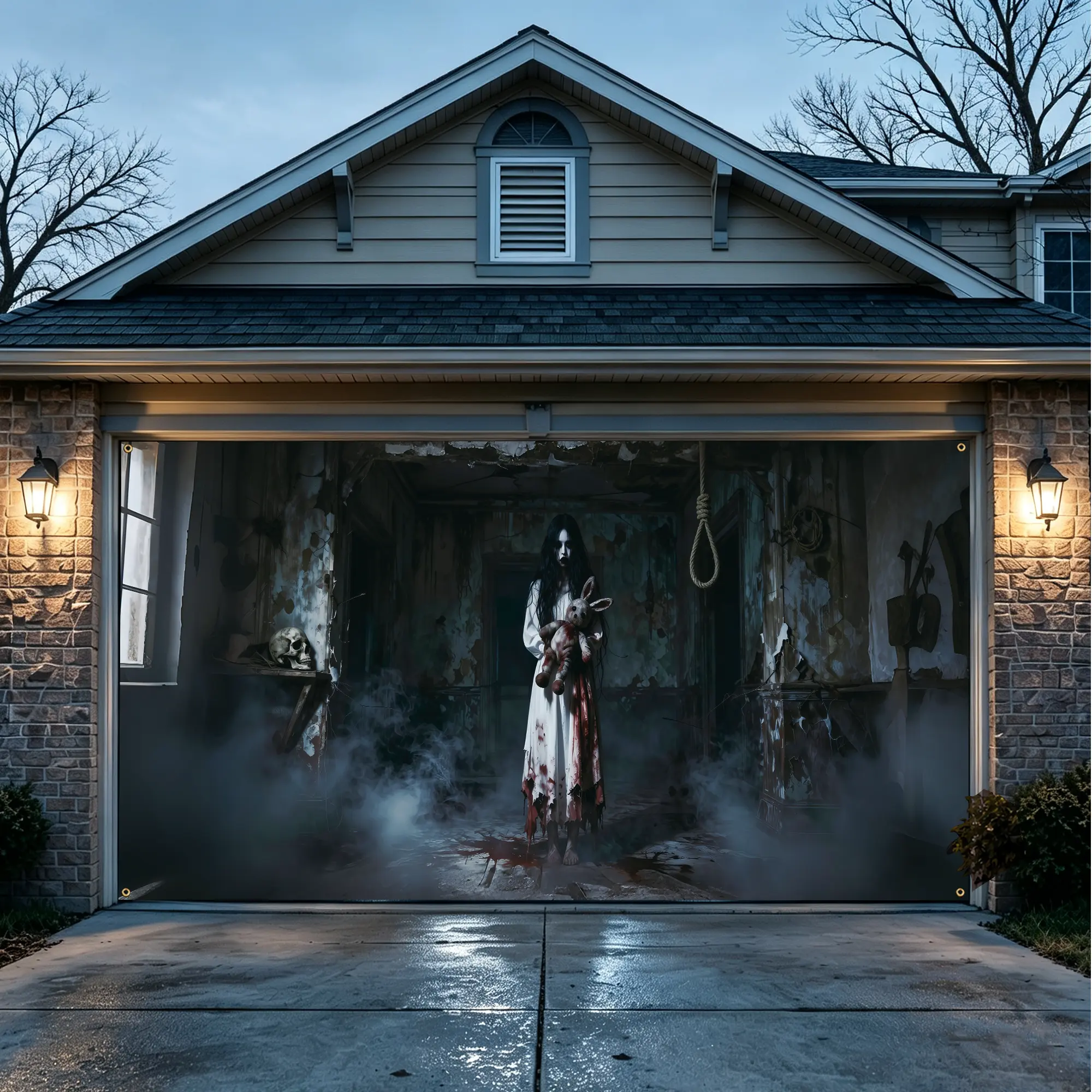Halloween    day   Garage Door Cover 7x16 FT, Realistic 3D Scary Female Ghost Holding Doll Horror Banner, Indoor Outdoor happy Halloween Decorations for 2-Car Garage, Haunted House Yard Wall Party Photo Backdrop Ornaments holiday decor