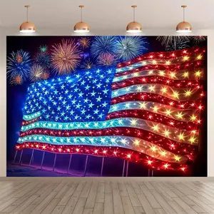 2D Flat Banner Polyester Photography Backdrop, Soft Lightweight Foldable Machine Washable HD Digitally Printed American Flag with Fireworks Design Background Cloth for Patriotic Celebrations, Independence Day, 4th of July Party De