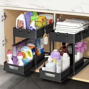 2-Pack Kitchen Sink Organizer Rack, Dual-Layer Pull-Out Design, 10 Hooks & 4 Storage Bins, Practical Home Office Storage Solution