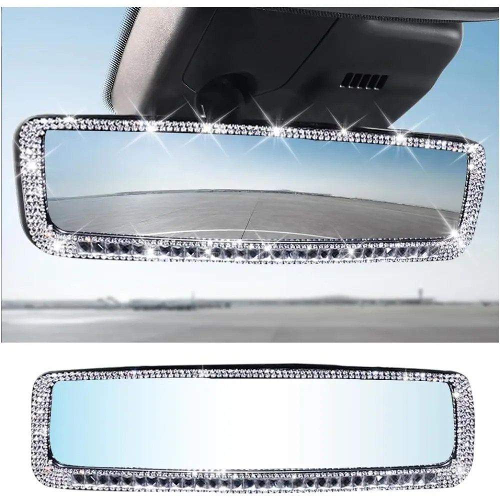 Car Rear View Mirror, Bling Rhinestone Interior Rear View Mirror With HD Glass, Wide Angle Clip-On Rearview Mirror With Glitter Crystal Diamond, Car Decoration Accessories For Women (Silver)